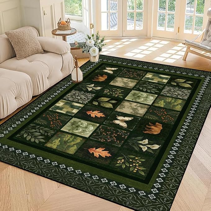 3'x5' Vintage Green Botanical Area Rug Non-Slip Washable Nature Patchwork Carpet Boho Floor Mat Rugs for Entryway Bedroom Living Room Nursery Kitchen Playroom Home Decor