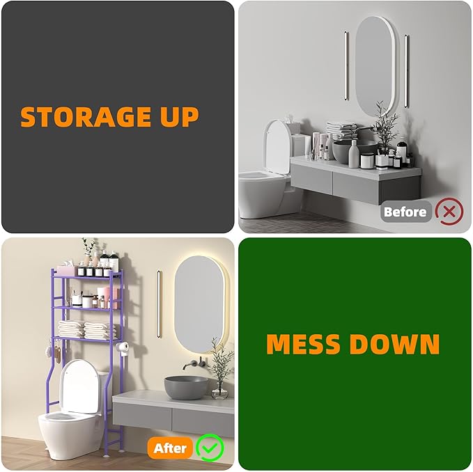 3-Tier Over Toilet Storage with Anti-Tilt Safety System - 150lb Total Capacity Metal Bathroom Shelves Including Paper Holder & 4 Hooks, Space Saving Above Commode Organizer (64" H, Purple)