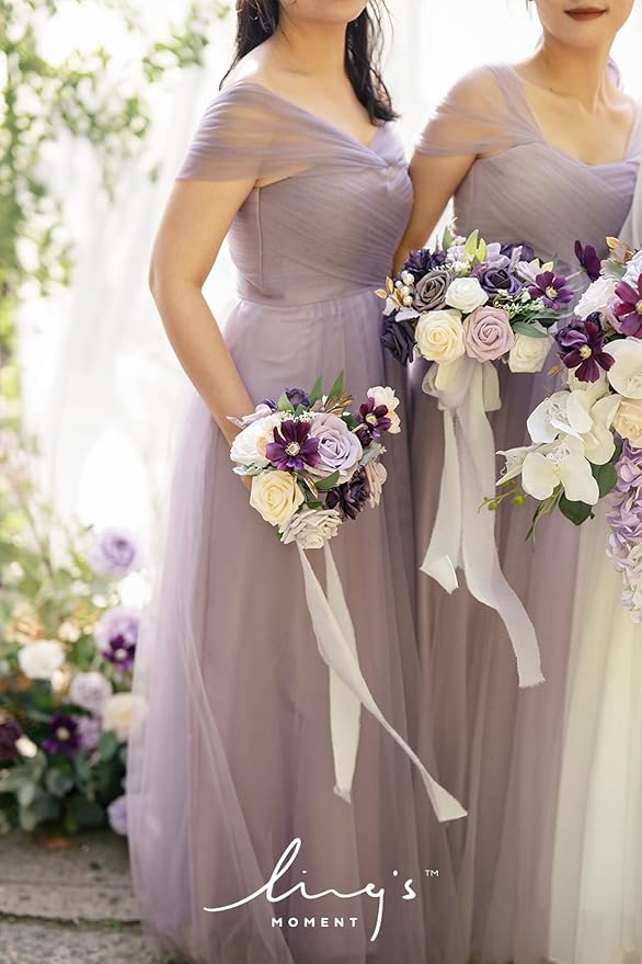 Ling's moment Artificial Flowers Purple Bridesmaid Bouquet, Lavender Wedding Flowers Bouquets for Bridesmaids, 7 Inch Bridal Bouquets for Bridesmaids, Wedding, Ceremony, Anniversary, etc