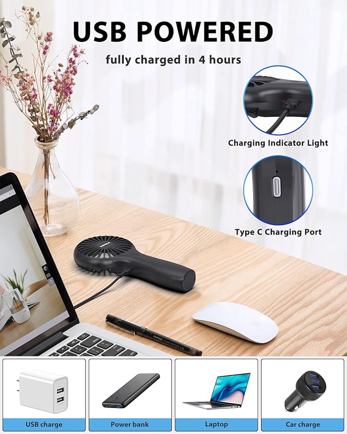 TriPole Mini Handheld Fan 5000mAh Battery Operated Small Fans 2 Speeds Powerful Personal Portable Fan Cute Design USB Rechargeable Electric Fans for Eyelash Makeup Kids Women Men Outdoor Travel, Black