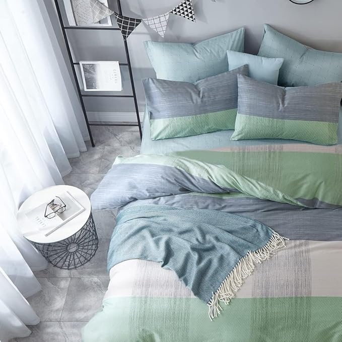 LifeTB Full Comforter Set Patchwork Bedding Comforter Set Soft Fluffy Geometric Plaid Bedding Set for All Seasons Cozy Patchwork Plaid Checkered Pattern Comforter Full Size with 2 Pillow Shams