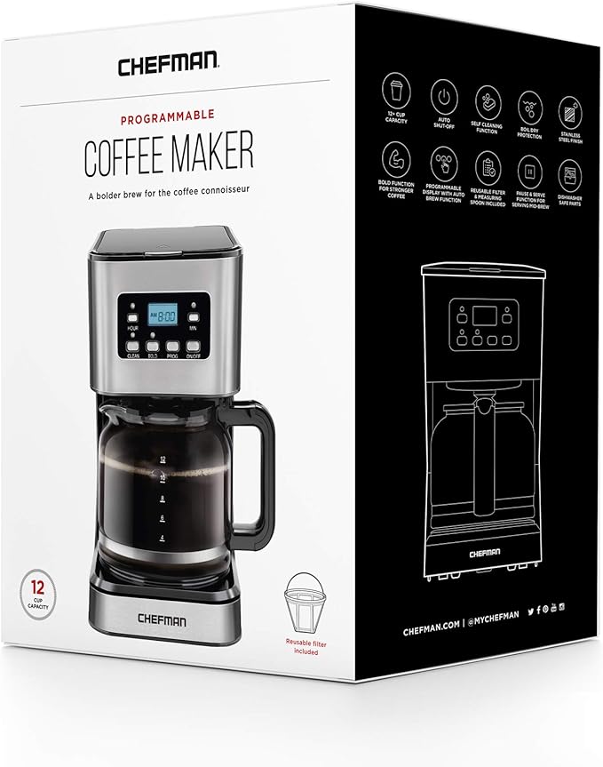 Chefman 12-Cup Programmable Coffee Maker, Electric Brewer, Auto Shut Off, Digital Display w/Auto-Brew Function, Anti-Drip Pot, Reusable Filter for Fresh Grounds, Square Stainless Steel, Glass Carafe