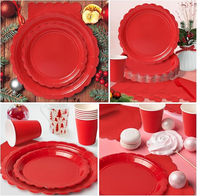 Vyntra 350 PCS Disposable Plates for Party, Paper Plates & Napkins Set with Cups, Knives, Forks, Spoons, 7'' Dessert and 9'' Dinner Plates for Birthday, Christmas, Valentine's Day - Red