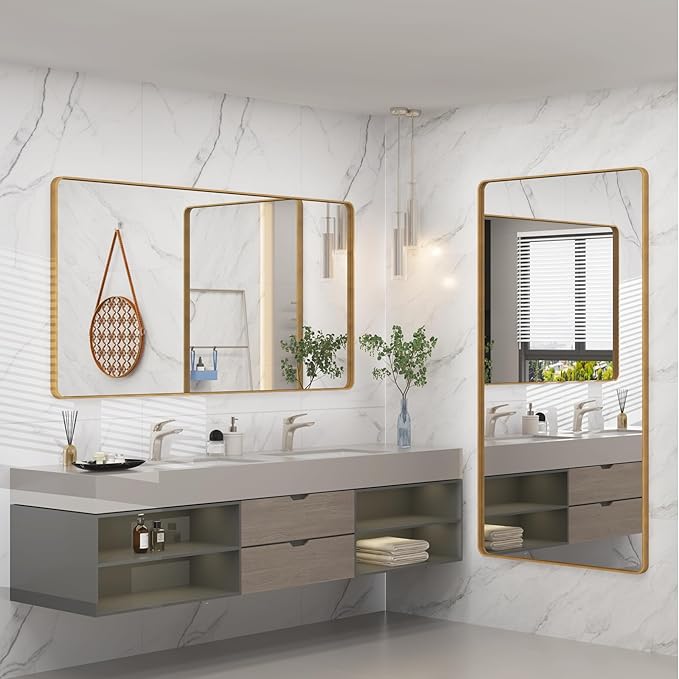 66x40 Gold Framed Mirror for Bathroom, Brushed Gold Brass Bathroom Mirror, Rectangle Gold Bathroom Vanity Mirror for Wall, Shatterproof, Anti-Rust, Hangs Horizontally or Vertically