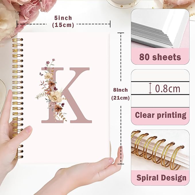 Lacama Pink Wildflower Initial Letter K Notebook Journal, Aesthetic Personalized Spiral Notebook, Customized Monogrammed Gifts, Birthday Gifts for Women, School Supplies, Office Supplies 5.5x8.3