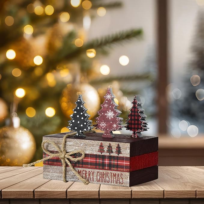 Smile Christmas Wooden Books Stack,Red and Black Check Faux Books Bundle, Trees Tiered Tray Decorations, for Home Table Mantle Shelf.