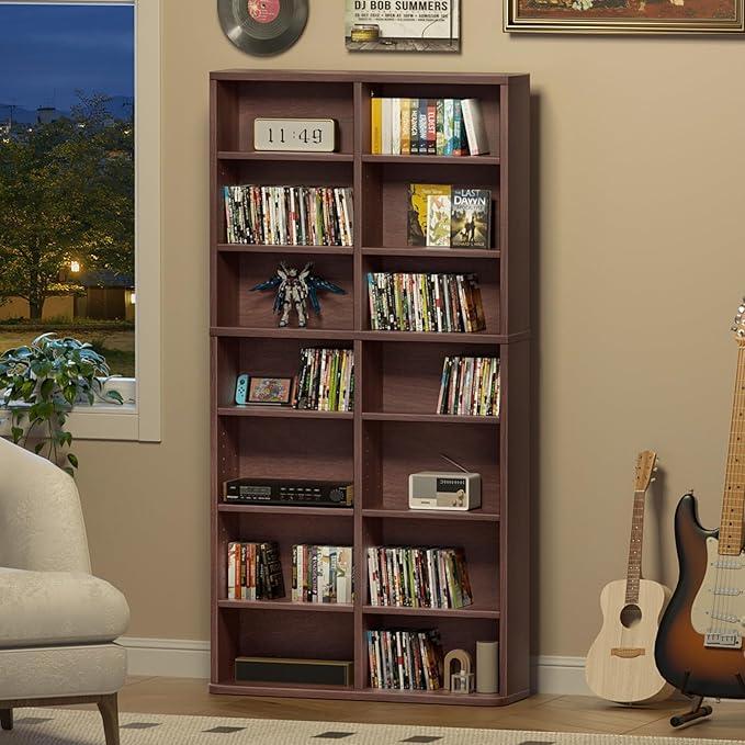 LELELINKY 7 Tier Tall Display Cabinet, Walnut Media Storage Cabinet with Adjustable Shelves, Free Standing DVD Organizer Shelf, Floor Multimedia Storage Manga Bookshelf for Living Room & Home Office.