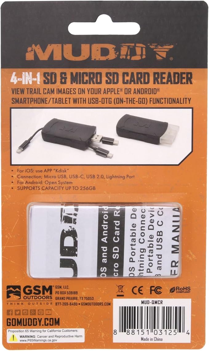 MUDDY 4-in-1 Multi Card Reader for Trail Camera Image and Video Viewing with OTG Support and Apple and Android Compatibility (Black)