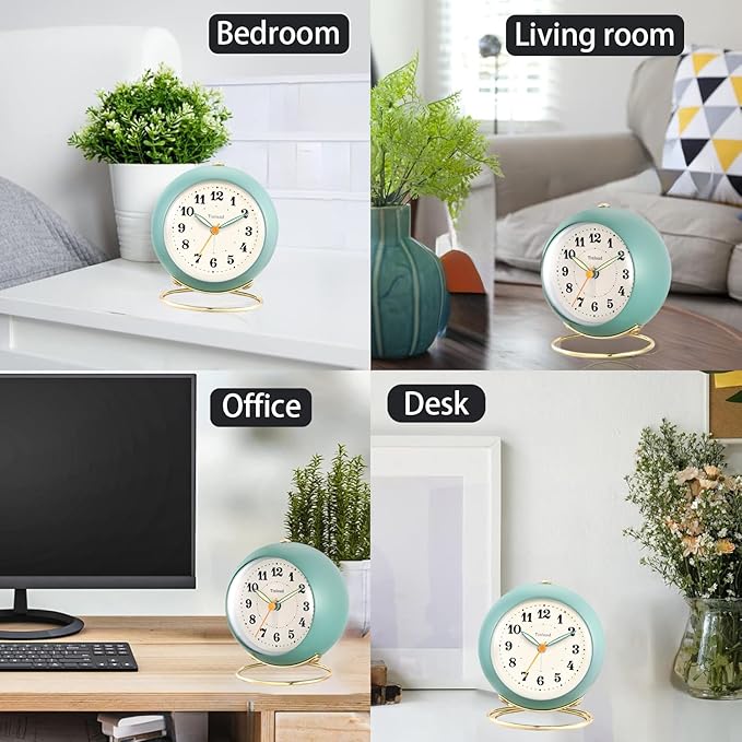 Tinload Analog Alarm Clock, Retro Simple Design Small Desk Clock with Manual Light, Battery Operated, Snooze, for Kids,Bedroom,Travel,Kitchen,Bedside Desktop(Green)