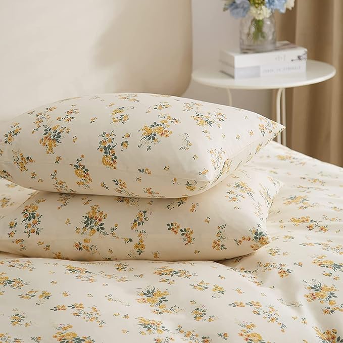 HighBuy French Botanical Comforter Set Full Yellow Floral Printed Bedding Comforter Set with 2 Pillowcases for Full Bed Set 3 Piece Fluffy Comfy Comforter Sets Cute Floral Luxury Soft