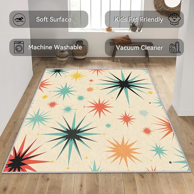 Retro Atomic Rug 8x8, Washable Mid Century Modern Rugs for Living Room Bedroom, Contemporary Geometric Area Rug for Home Decor, Non Slip Backing Floor Carpet with Gripper - 8 x 8 ft