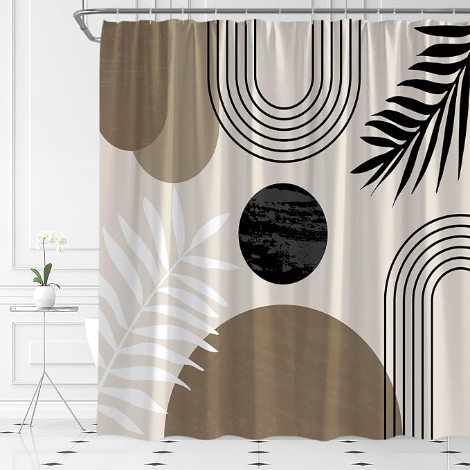 Mid Century Modern Shower Curtain Boho Brown Abstract Retro Aesthetic Fabric for Bathroom Decor Bathtub with Hooks (70" WX84 H)