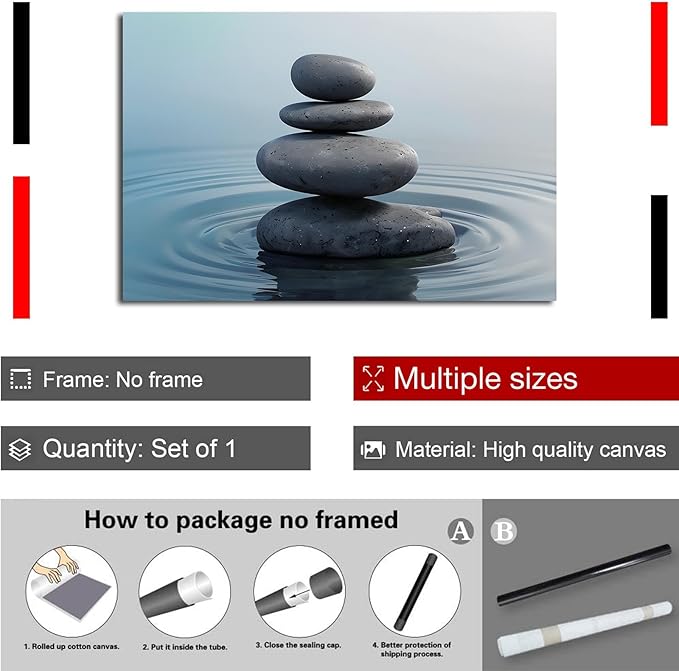 Zen wall art Harmonious grey stones stacked on a calm surface of water Serene Zen decor suitable for tranquil homes and spaces of meditation 8x12in Frameless