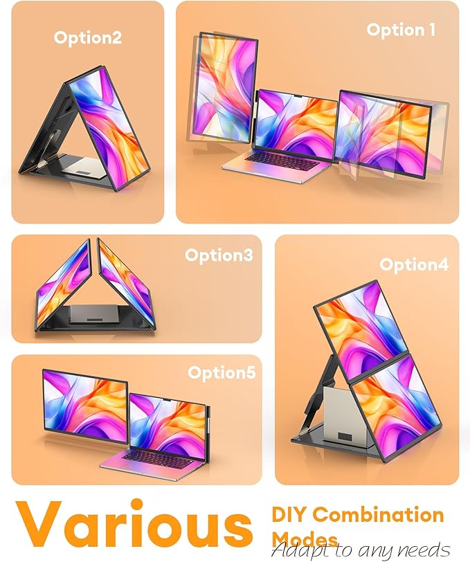 NGTeco 16" Laptop Triple Screen Extender, 1200P IPS Portable Monitor for Laptops 13-17", with Type-C/HDMI/USB-A, Plug & Play, Compatible with Windows/Mac/Chrome OS