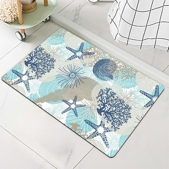 Diatomaceous Earth Bath Mat,Cute Corals and Seashells Non-Slip Volume Super Absorbent Fast Drying for Bathroom Kitchen mat,Eco-Friendly Easy to Clean 16×24Inch (40 * 60cm)