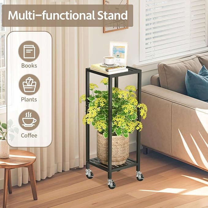 LASZOLA 2 Tier Black Metal Plant Stand Indoor Outdoor with Wheel for Large Planter, Modern Heavy Duty Tall Rolling Rack for Corner House Bathroom Patio Floor, Iron Flower Shelf Holder for Orchid Fern