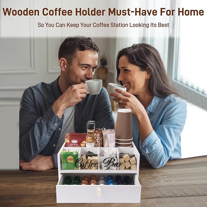 Intarsio 2-Tier Coffee Bar Organizer with Clear Acrylic Top, Built-in Drawer and Leather Handle Pull for Countertop, Stylish Coffee Station Storage Box for Accessories, Pods, Great Gifts for Home