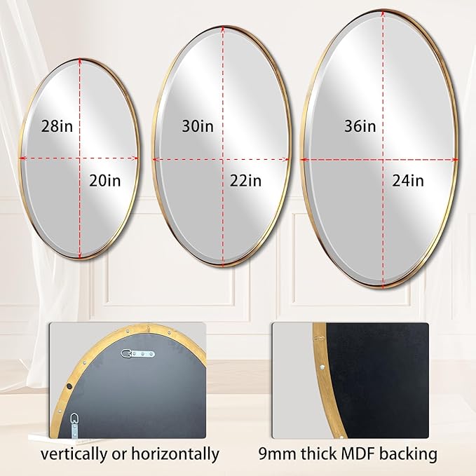 POZINO Oval Beveled Mirrors, 22"x30" Brush Gold Bathroom Vanity Mirror for Over Sink, Stainless Steel Frame Mirrors Modern Wall Mirror for Living Room Bedroom Entryway, Horizontal Or Vertical 