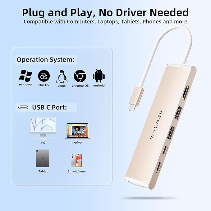 WALNEW 7 in 1 USB-C Hub with 4K HDMI,100W PD,5Gbps Data Port(1 Type-C & 2 USB 3.0),SD/TF Reader, Thunderbolt 4 Dock Multiport Adapter for MacBook Pro Air,Mac,iPad 10/Mini 6,Surface (Starlight)