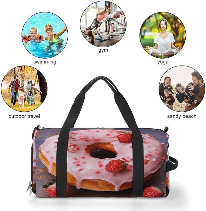 Strawberry Donut Gym Bag Lightweight ,Travel Duffle Bag with Shoe Compartment,Gym Bag for Women for Overnight, Weekend, Yoga, Gym, Business Trips, Sport And Hospital.