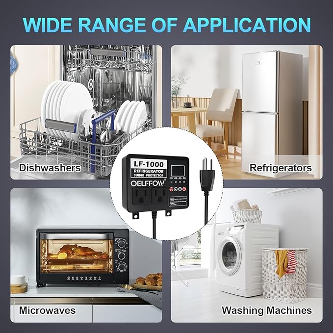 Refrigerator Surge Protector, Time Delay and Real-time Display, Voltage Protector, 2 Outlet Surge Protector for Home Appliances, with Mounting Screws, Black