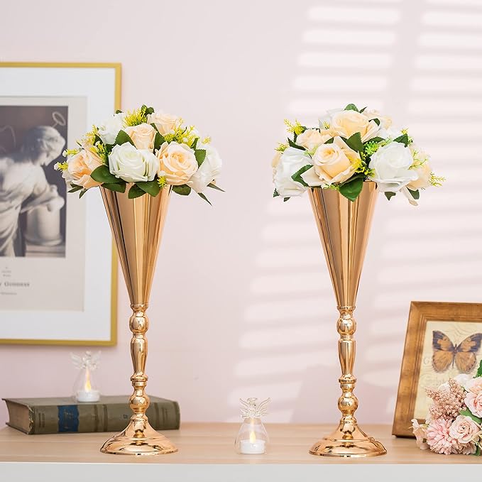 Gold Vase Centerpiece Table Decorations - 10 Pcs Metal Tabletop Flower Stand, Wedding Decorations for Reception, 16.5in Trumpet Tall Flower Vase for Birthday, Weddings, Anniversary, Home Decor