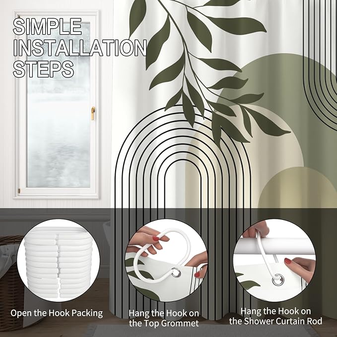 Boho Sage Green Shower Curtain Mid Century Modern Abstract Plant Botanical Bathroom Curtain Minimalist Neutral Geometric Arch Bath Decor Polyester Set with Hooks 48x72 inch