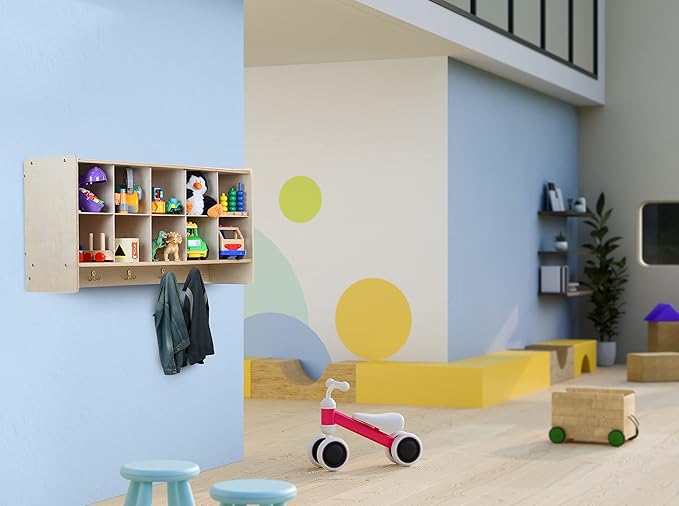 10 Section Cubby Wall Mounted Hanging Cubbies with Blue Storage Containers for Organizing Toys, Games, School Art and Craft Supplies