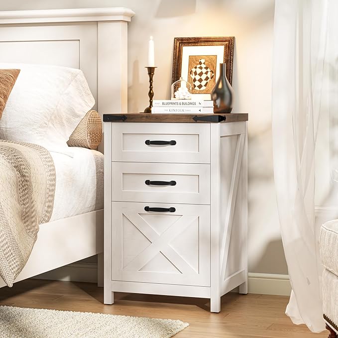 3 Drawer Small File Cabinet, Farmhouse Vertical Filing Cabinet Fits Letter and A4 Size, Under Desk Wooden File Cabinets for Home Office, Printer Stand, Rustic White