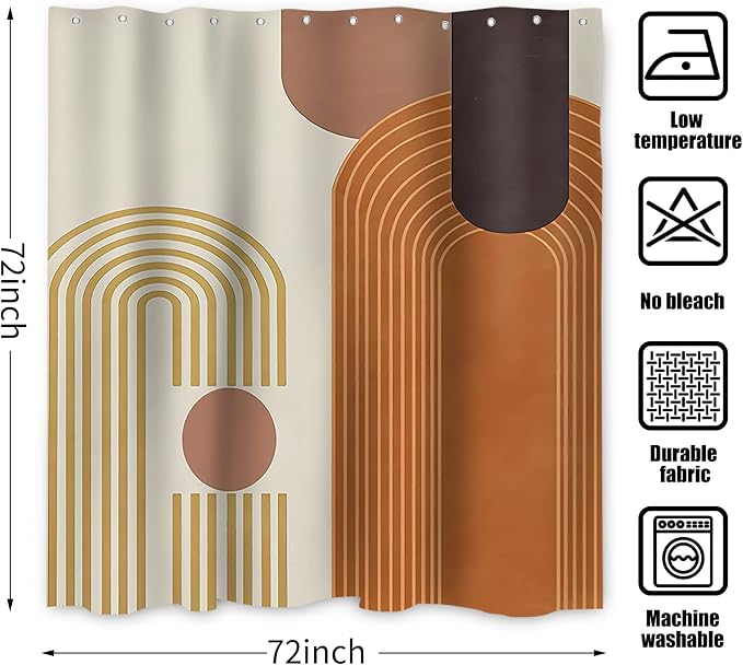 Mid Century Shower Curtain, Brown Modern Boho Neutral Arch Geometric Machine Washable Waterproof for Bathroom Bathtub with 12 Hooks 72x72