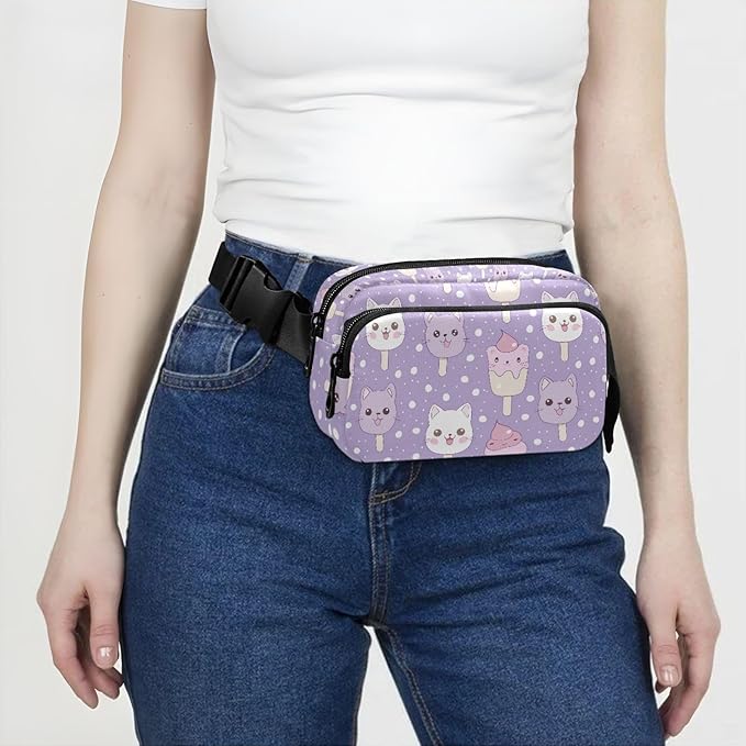 Kawaii Cat Ice Cream Polka Dots Fanny Pack for Women Men Water Resistant Fashion Waist Packs with Adjustable Strap Belt Bag for Travel Workout Jogging Hiking 21219101