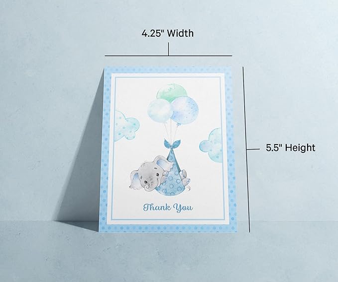 Twigs Baby Shower Thank You Cards with Envelopes - 12 Set Baby Shower Cards for Boy, New Baby Congratulations Cards, Welcome Baby Card, Made in the USA - Blue Elephant Designs, 5.5 x 4.25 Inch Size