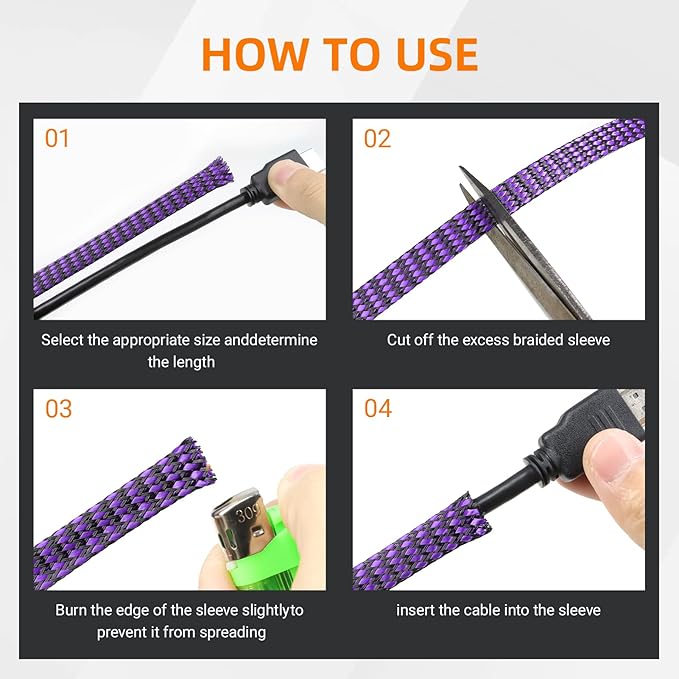 Braided Expandable Cable Sleeve, 25ft PP Cotton and PET Braided Cable Management, Flexible Mesh Wire Loom and Cable Protector for TV, Computer, Home Theater, Automotive (Purple, 5/16")