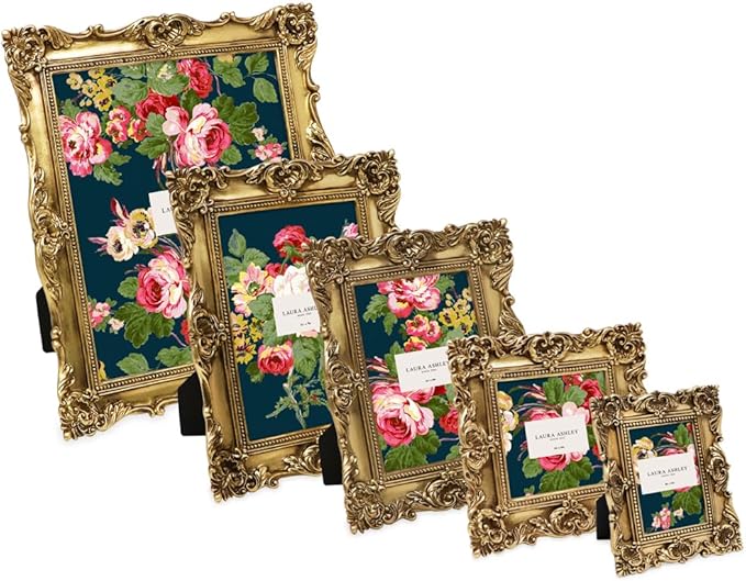 Laura Ashley 8x10 Gold Ornate Textured Hand-Crafted Resin Picture Frame with Easel & Hook for Tabletop & Wall Display, Decorative Floral Design Home Decor, Photo Gallery, Art, More (8x10, Gold)
