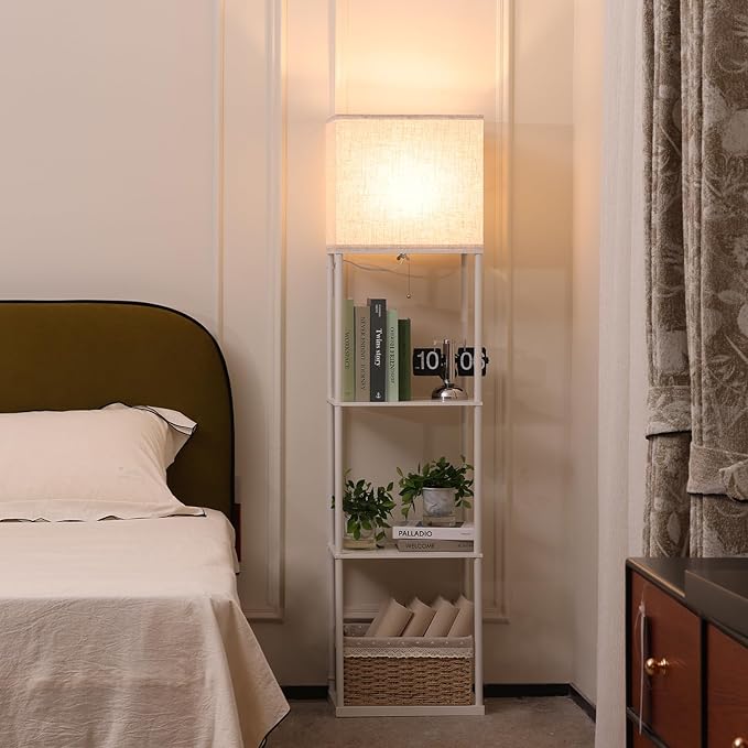 Floor Lamp with Shelves, Large Size Rectangle Standing Lamp with 3 Color Temperature Bulb, Corner Display Bookshelf Lamp for Living Room, Bedroom and Office(White-9W)