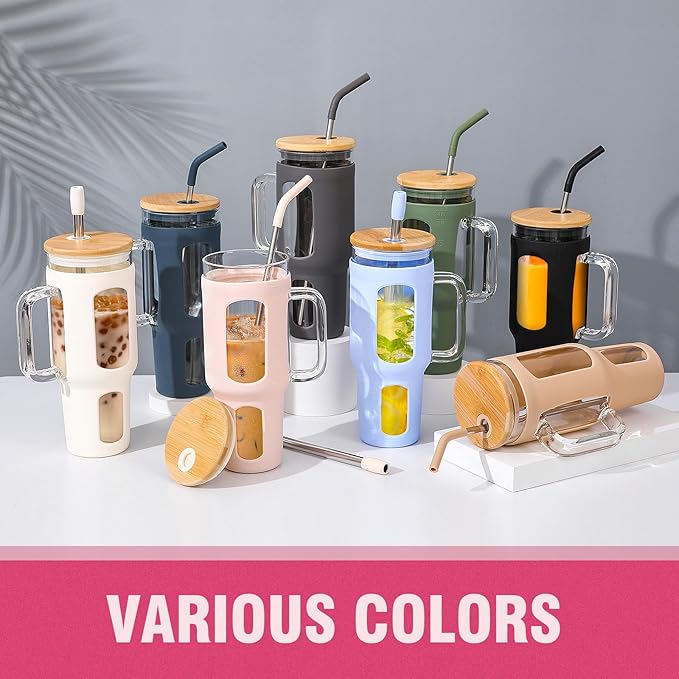 Glass Tumbler with Lid and Straw, 46 oz Iced Coffee Cup with Handle, Large Water Bottles with Silicone Sleeve, Glass Cup with Straws - Pearl Straw & Drinking Straw BPA Free-CottonPink
