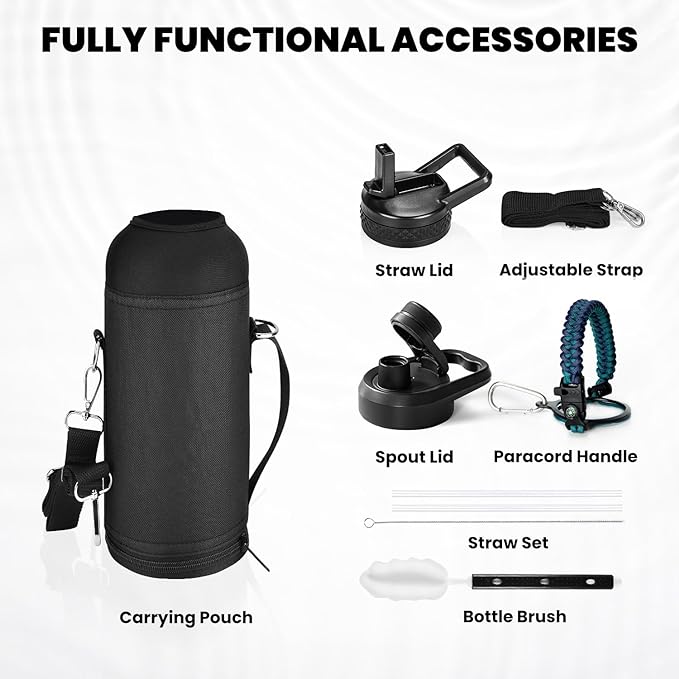 Insulated Water Bottle 40 oz, Triple Wall Vacuum Stainless Steel (Cold for 48 Hrs), Leak Proof & Non-BPA, Modern Water Flask Jug with Paracord Handle & Straw Spout Lids, Cyan Blue