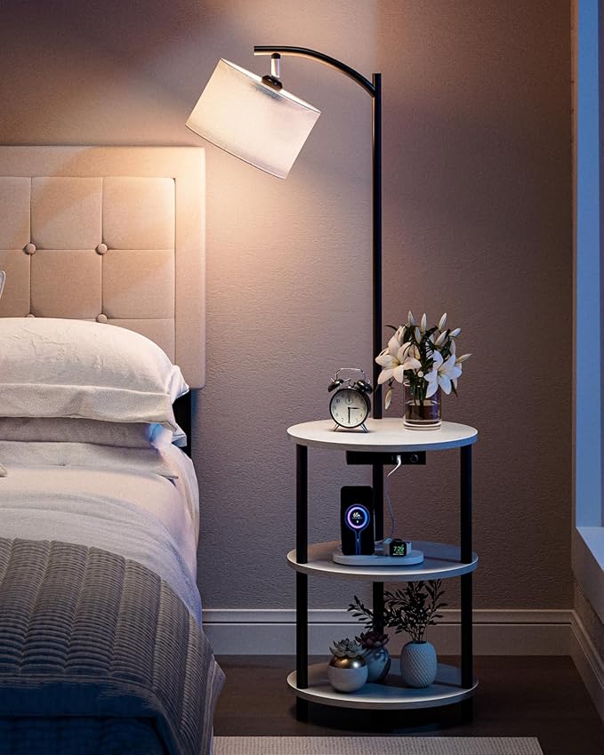 Round Side Table with Lamp and USB Ports, 3-Tier Small End Table for Living Room & Bedroom, Rustic Wood Metal Nightstand for Small Spaces, Easy to Assemble, Greige