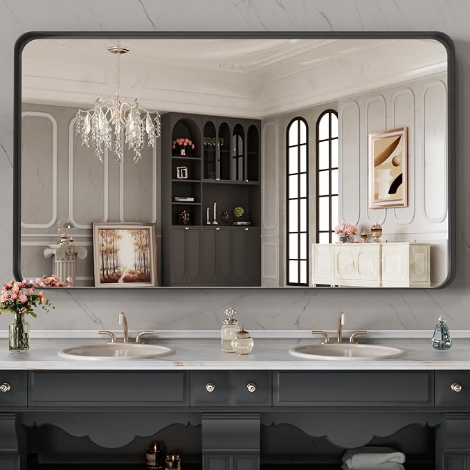 LOAAO 48X28 Inch Black Metal Framed Bathroom Mirror for Wall, Matte Black Bathroom Vanity Mirror Farmhouse, Anti-Rust, Tempered Glass, Hangs Horizontally or Vertically
