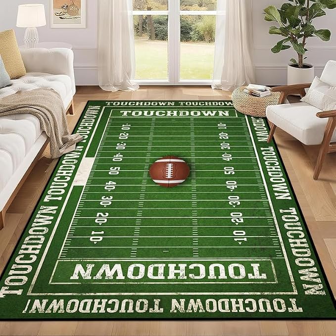 5'x7' Football Field Area Rug Sports Themed Carpet for Nursery Bedroom Playroom Classroom Living Room Home Decor Non Slip Washable Game Room Play Mat