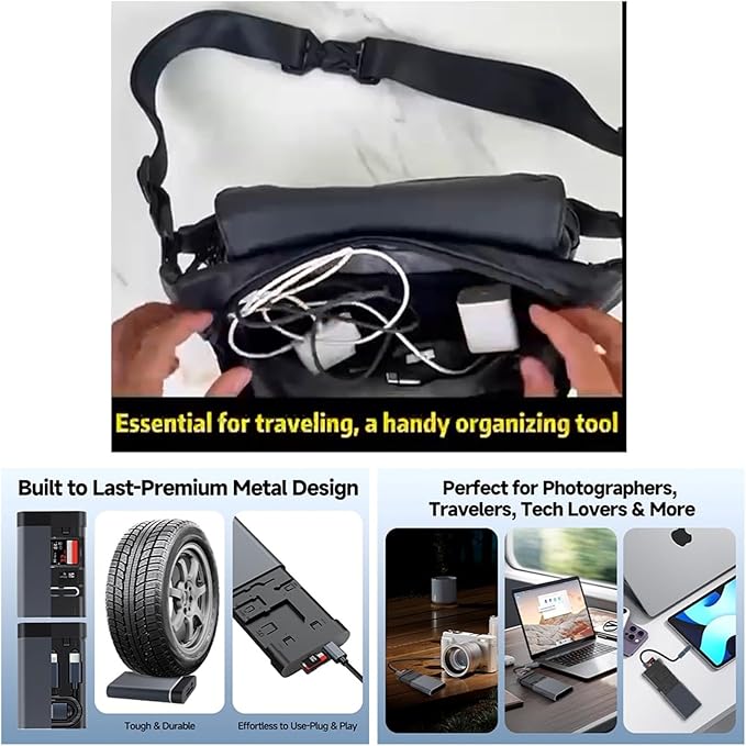 Data Hub, Travel Rated Multi-Card Reader, and 65W 3-in-1 Charging Cable, Nano-Sim-TF-SD, Card Storage, Lighting, USB-C, USB-A Connectors, iOS/Win/Mac/Android, Compact Aluminum Case, No Loose Wires.