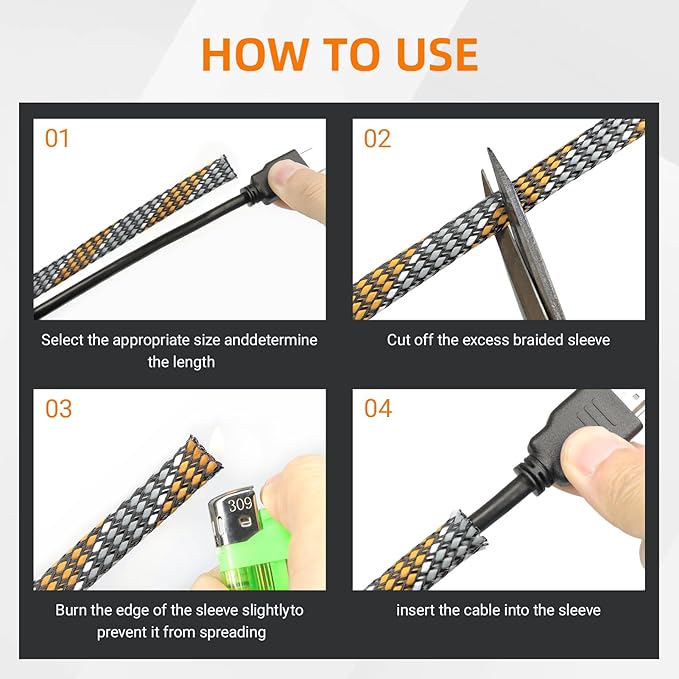 Braided Expandable Cable Sleeve, 25ft PP Cotton and PET Braided Cable Management, Flexible Mesh Wire Loom and Cable Protector for TV, Computer, Home Theater, Automotive (Orange White Grey, 1/8")