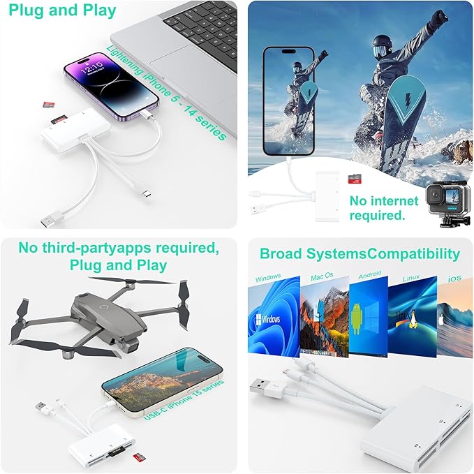 Multi 8-in-1 Lightning/USB C/USB A Memory Card Reader for iPhone 15 14 13/iPad/Android/Samsung/Mac Book/Laptop/Camera/Hard Disk/Flash Drive,OTG Memory Adapter for SD/TF/CF/XD/MS/Micro SD/SDHC XC/MMC