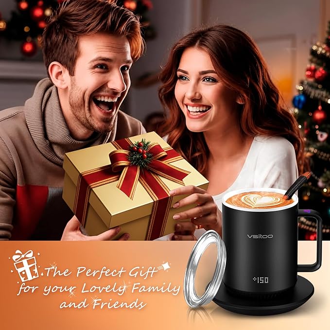 Vsitoo S3 12oz Heated Mug - Temperature Control Smart Mug with Mug Warmer, Perfect for Espresso, Auto-Sensing AI Heats Drinks to 120-150°F Hands-Free.Ideal for Home/Office/Gifts,White