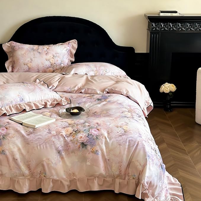 HighBuy Pink Floral Ruffle Duvet Cover Set Twin,Ruffle Comforter Cover Chic Cottagecore Brushed Cotton Breathable for Teen Girls,3 Piece Farmhouse Bedding Set(1 Duvet Cover,2 Pillowcases)