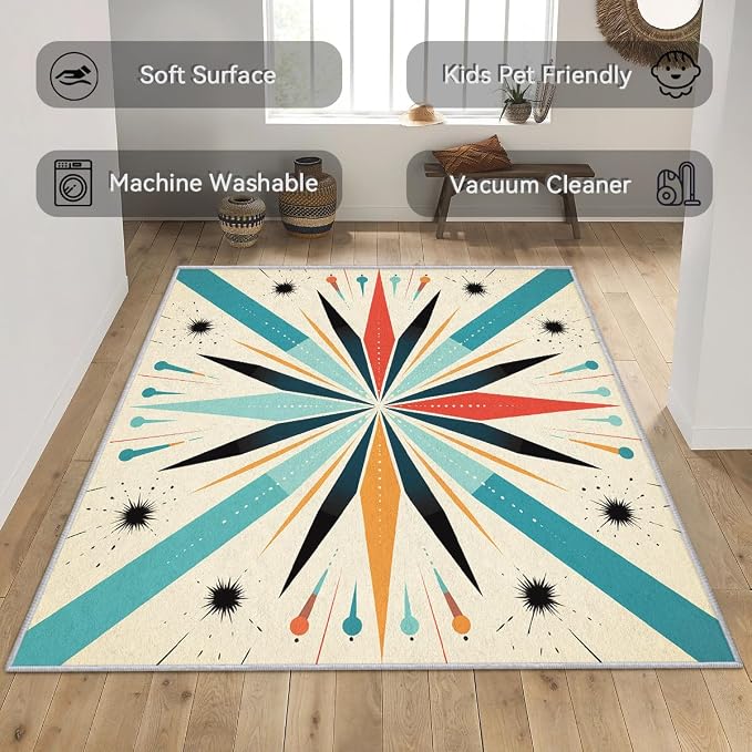 Mid Century Modern Rug 7x8, Washable Retro Sun Rugs for Living Room Bedroom, Atomic Geometric Area Rug for Home Decor, Non Slip Backing Floor Carpet with Gripper - 7 x 8 ft