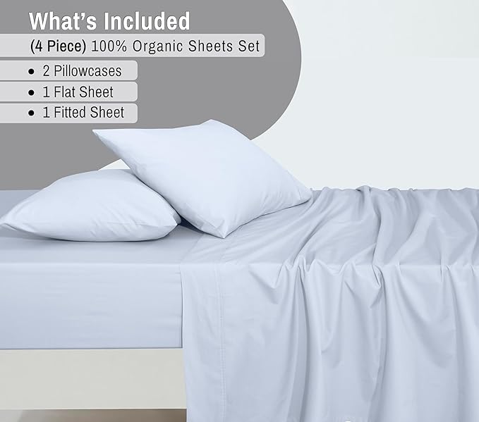 RUVANTI 100% Organic Cotton Sheets Full Size, Percale Weave, GOTS Certified, 4-Piece Set, Deep Pocket 15", Crisp & Breathable, Soft Durable Bedding, Sábanas Algodón Orgánico – Arctic Ice