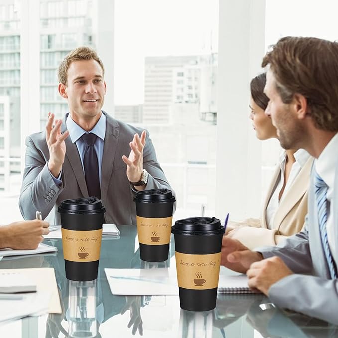 Lamosi 16 oz Coffee Cups with Lids 100 Pack, 16 oz Disposable Coffee Cup with Stir Sticks and Sleeves, To Go Hot Paper Cup for Home, Travel, Office