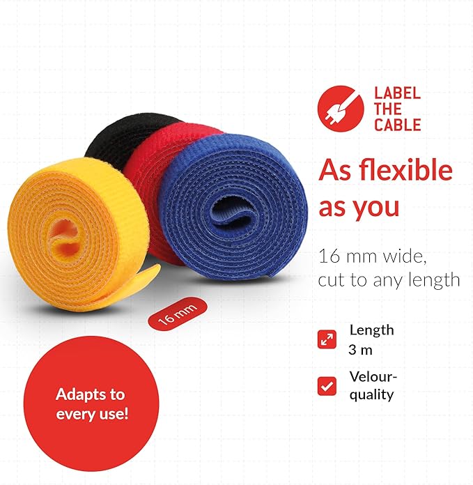 Label-the-cable Cable Management Ties Tape, Adjustable, Re-Useable/Cable Tidy/Hook and Loop Cord Organizer, Wire Management/LTC Rolls, 4 PCS, 1m x 16mm, Black, Blue, Yellow and Red, LTC 1230