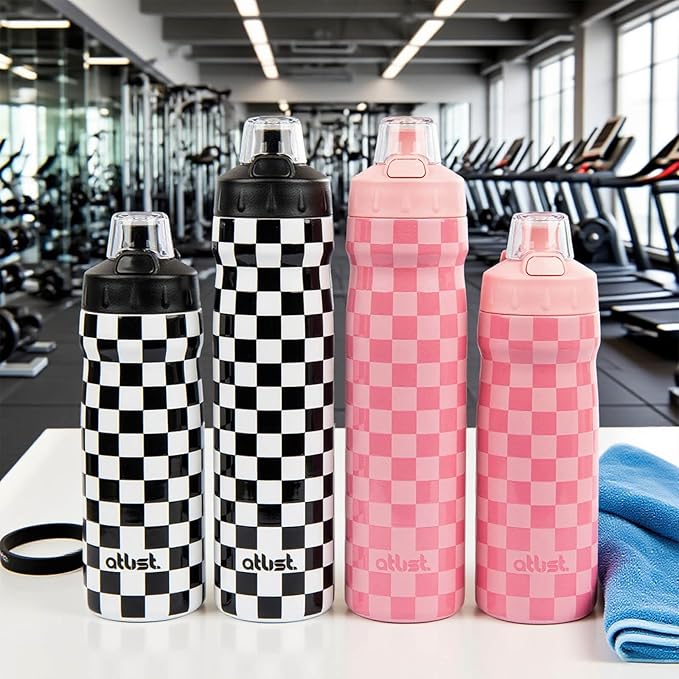 Magnetic Water Bottle with Straw 18 oz - Stainless Steel Insulated Tumbler for Gym & Bike (Fits Holders) - Leak Proof Pop-Up Lid, 2-in-1 Sip or Chug, Handle & Cute Pink Checkered Print